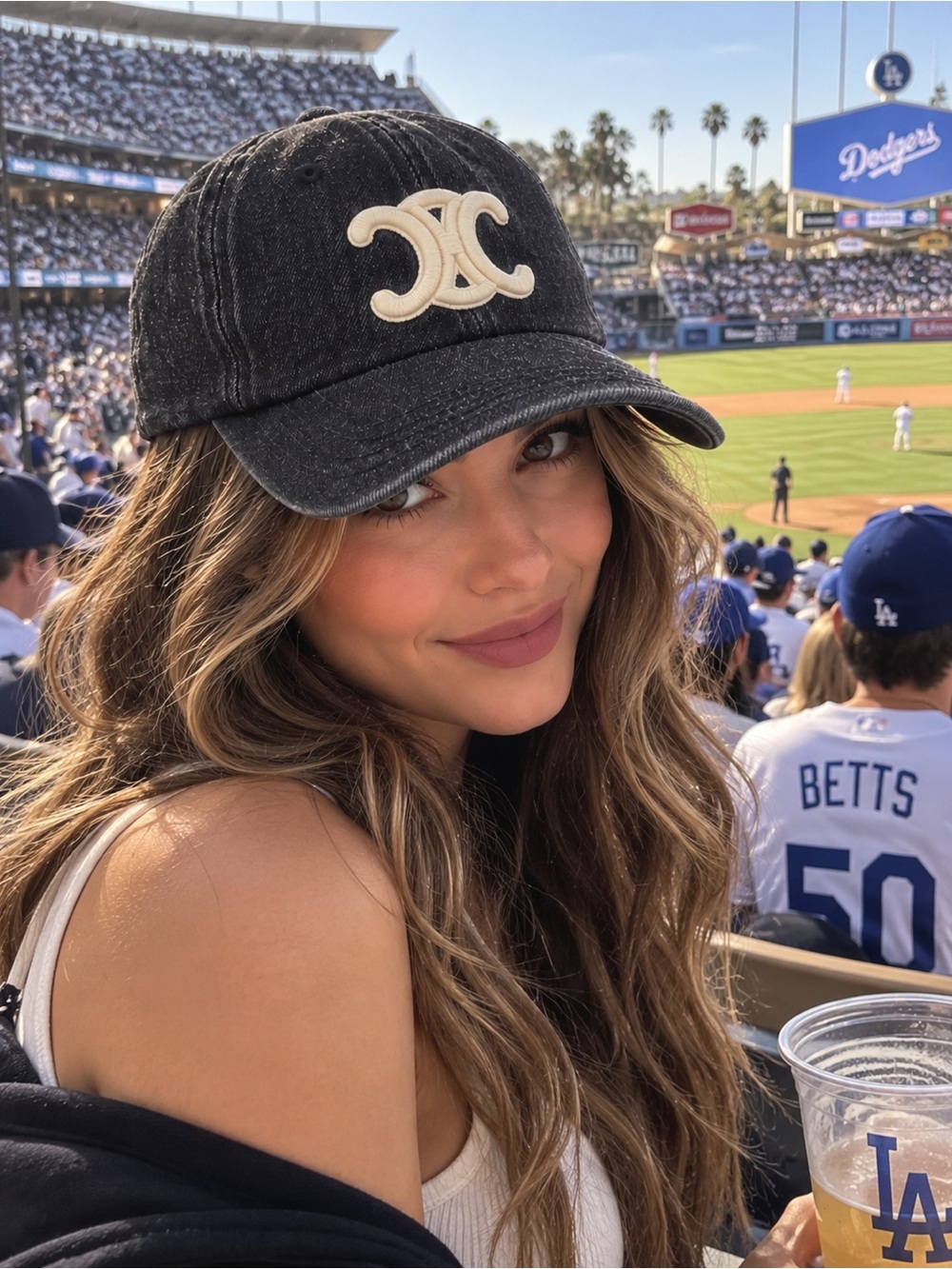 Women's Black Distressed Baseball Cap with Cream Logo